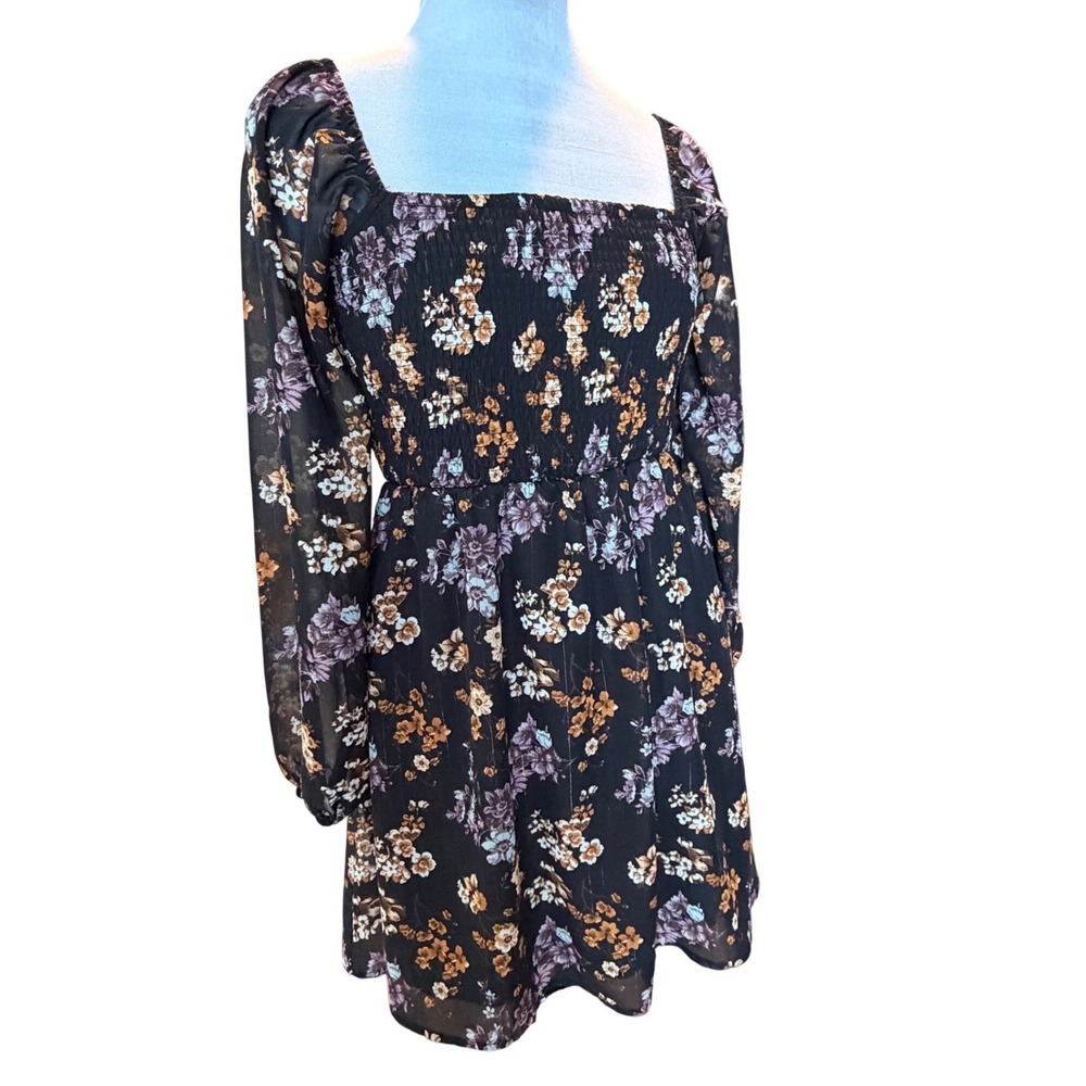 Womens Floral Smocked Mini Dress Long Sleeve Square Neck Black Medium